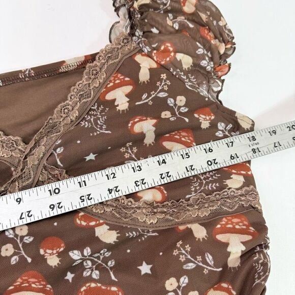 ROMWE Dress Womens XL Brown Mushrooms Ruched Bodycon babydoll y2k 90s whimsy - Picture 3 of 9